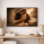 A classical Christian pieta painting depicting Mary holding Jesus Christ after the crucifixion. 