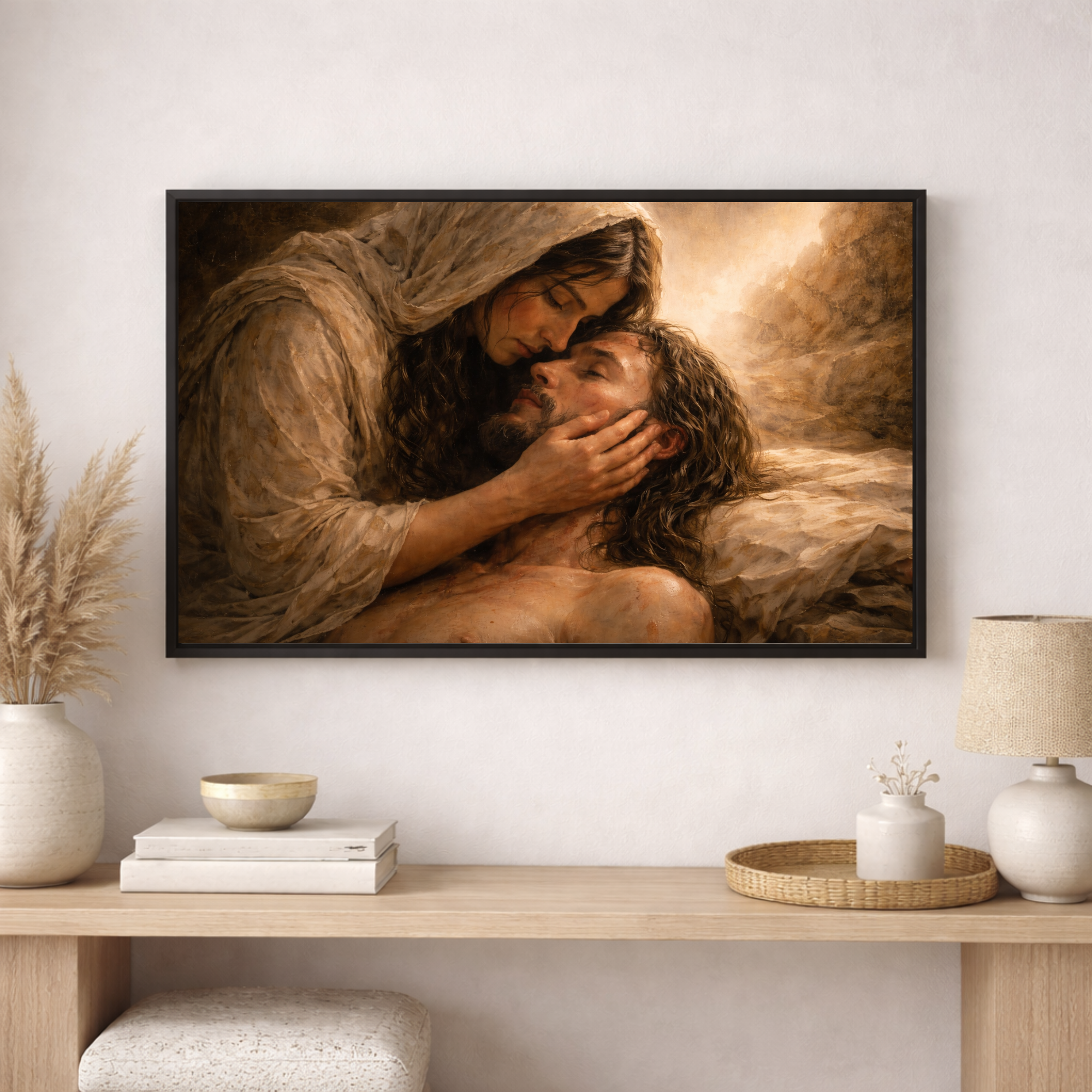 A classical Christian pieta painting depicting Mary holding Jesus Christ after the crucifixion. 