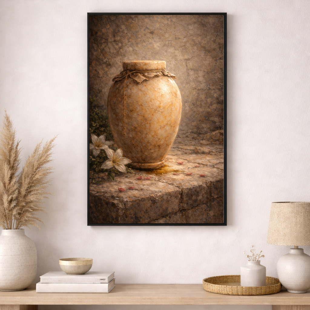 Framed artwork of a vase on a stone surface with flowers, displayed in a room with decor items.