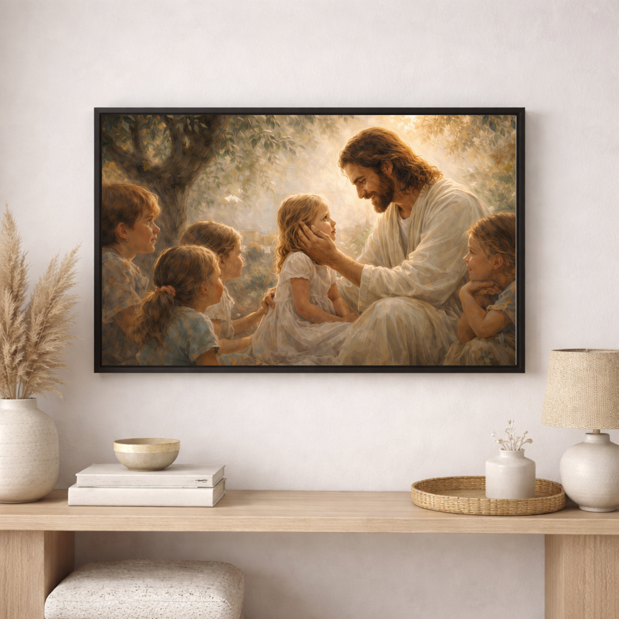 Framed artwork of Jesus with children on a wall above a wooden console table.