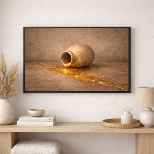 Framed artwork of a broken vase on a wooden shelf with decorative items.