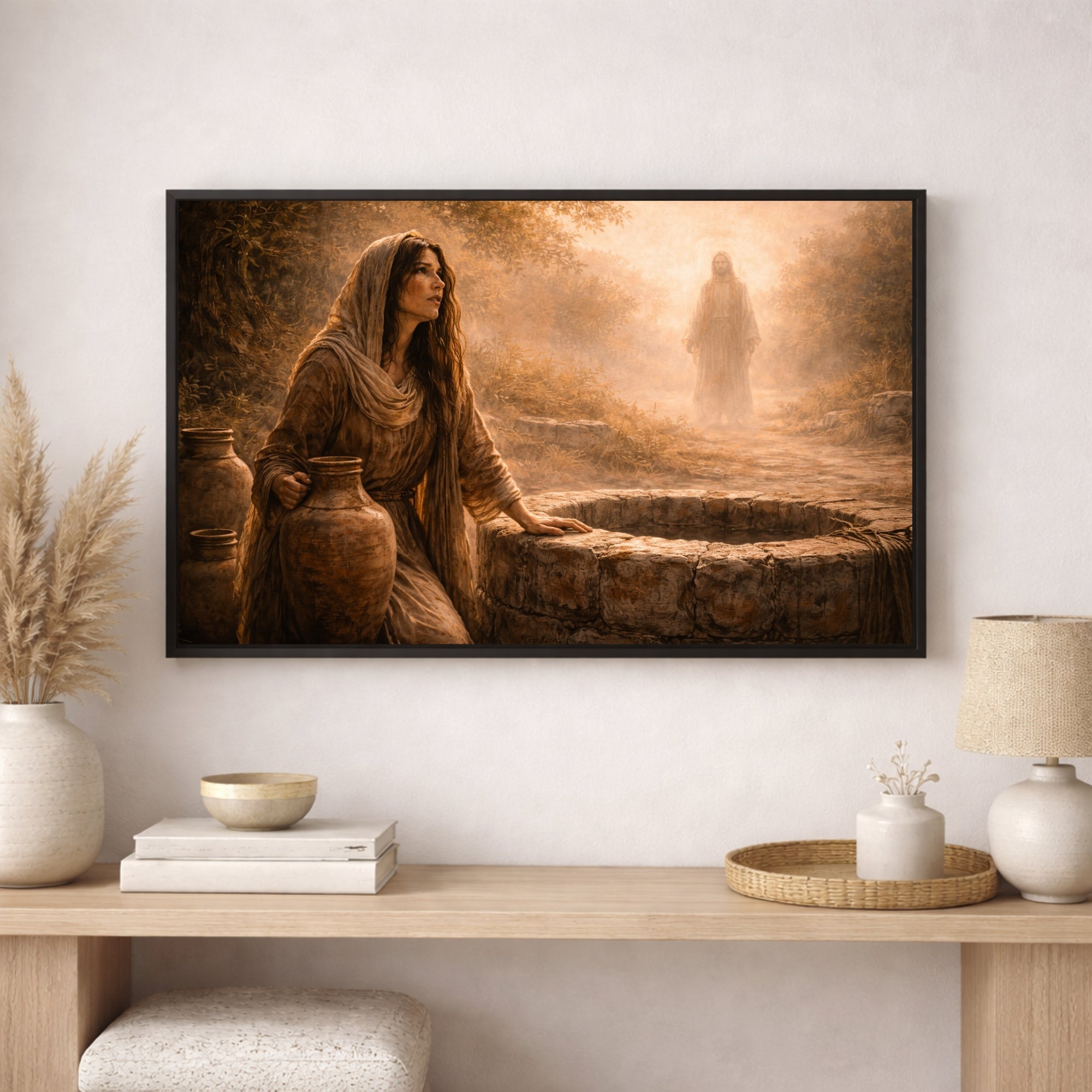 Framed artwork of a woman by a well in a home setting with decor items.