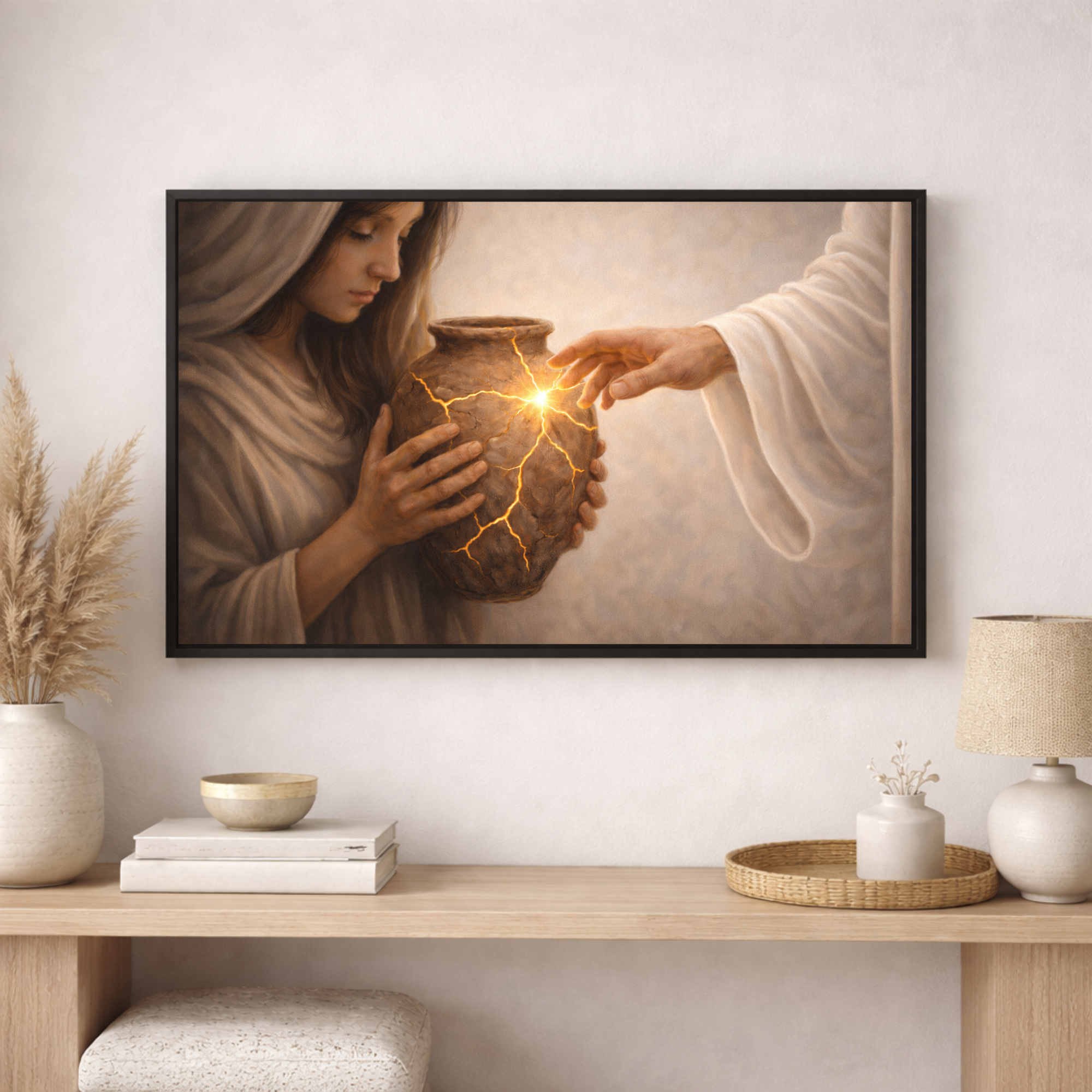 Framed artwork of a woman holding a glowing pot next to a hand reaching out, on a wall above a wooden shelf with decor items.