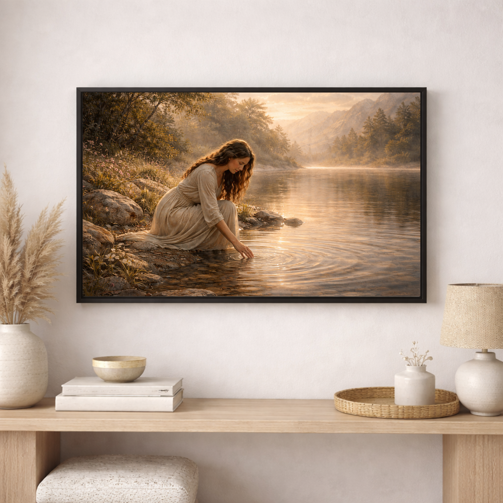 Framed artwork of a woman by a lake on a wall above a wooden console table with decorative items.