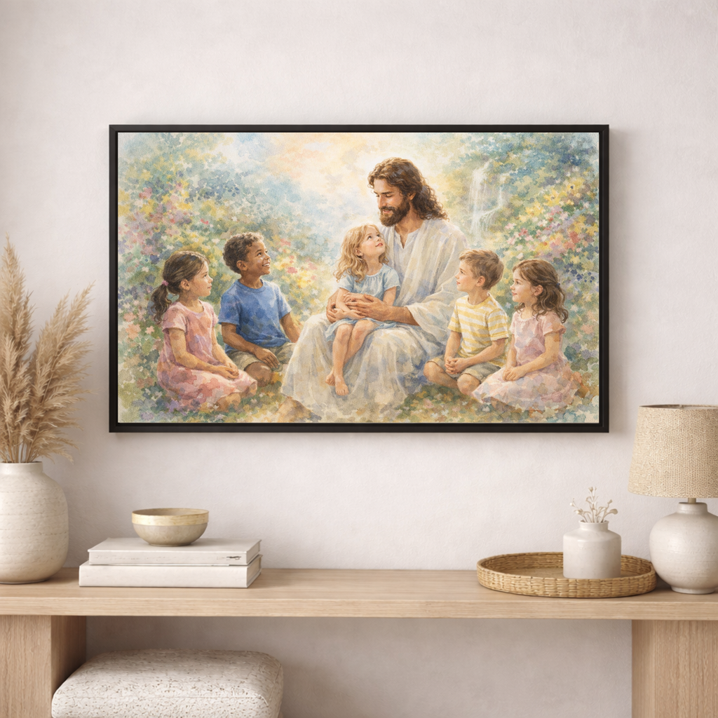 Framed artwork of Jesus with children on a wall above a wooden console table.