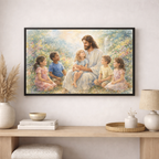 Framed artwork of Jesus with children on a wall above a wooden console table.