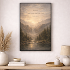 Framed artwork with a mountain landscape and inspirational quote on a wall above a wooden shelf.