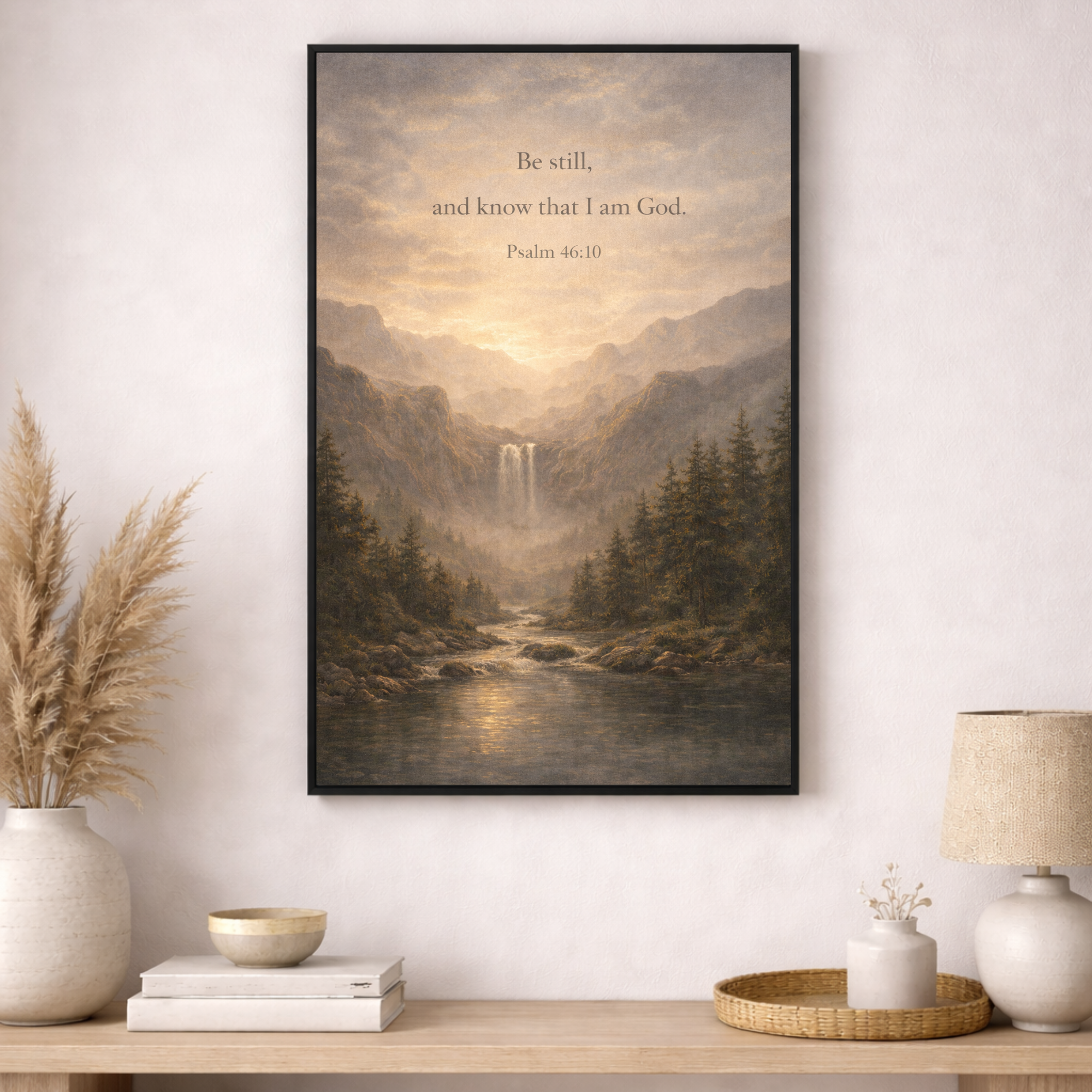Framed artwork with a mountain landscape and inspirational quote on a wall above a wooden shelf.
