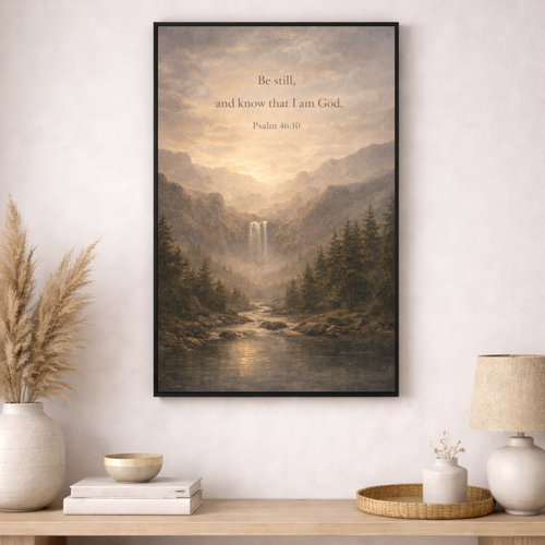Framed artwork with a mountain landscape and inspirational quote on a wall above a wooden shelf.
