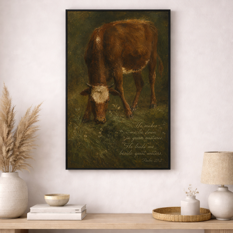 Psalm 23:2 Cow Wall Art | Vintage Christian Farmhouse Decor
