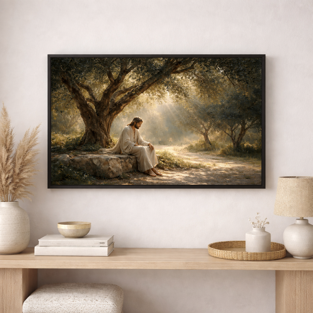 Framed artwork of a person sitting under a tree in a serene landscape, displayed on a wall above a wooden console table.