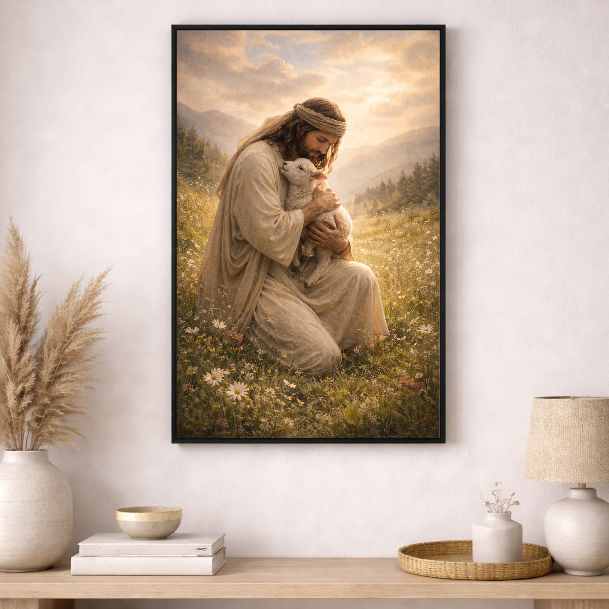Framed artwork of a person holding a lamb in a field, above a wooden table with decorative items.