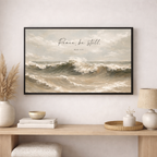 Peace Be Still scripture art inspired by Mark 4:39 featuring a calming ocean scene.