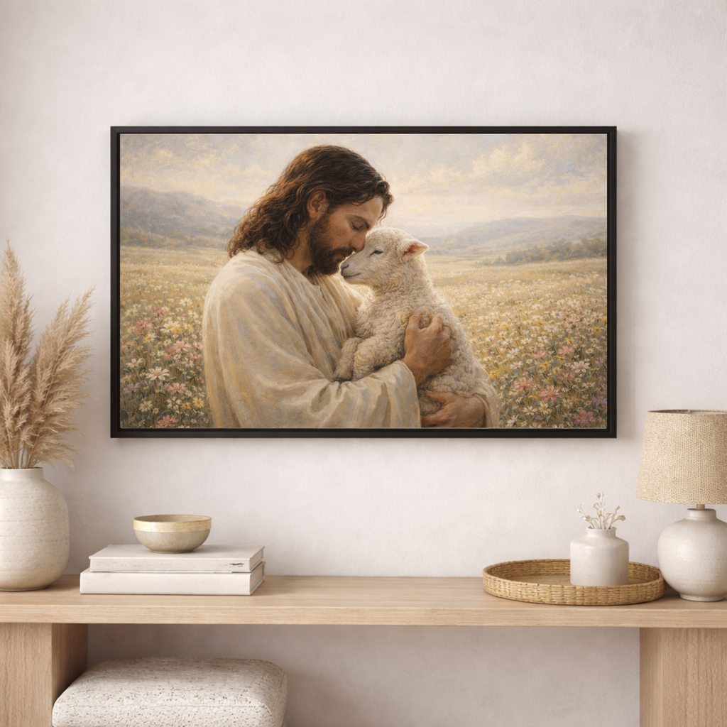 Framed artwork of a man hugging a lamb in a field, displayed on a wall above a wooden console table.