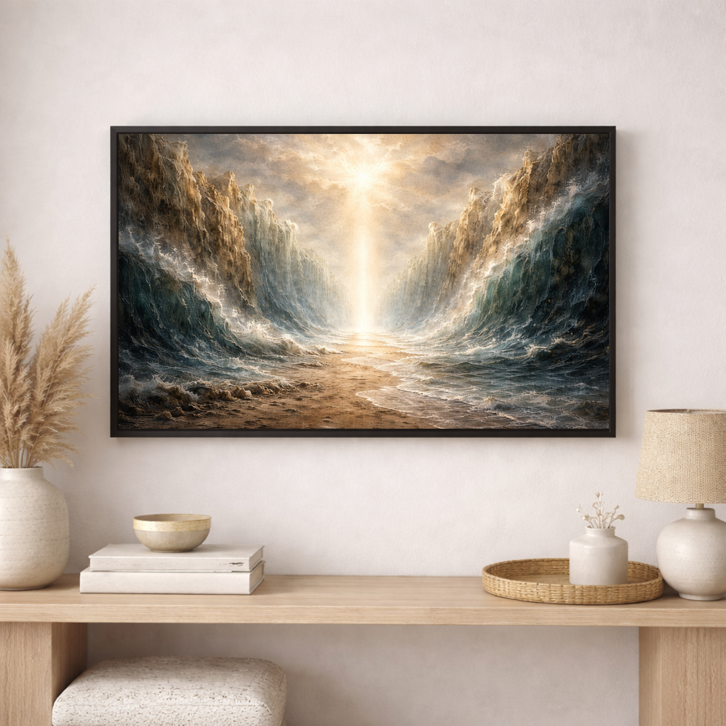 inspired by the parting of the Red Sea. A dramatic biblical ocean painting representing faith, deliverance, and the Exodus story.