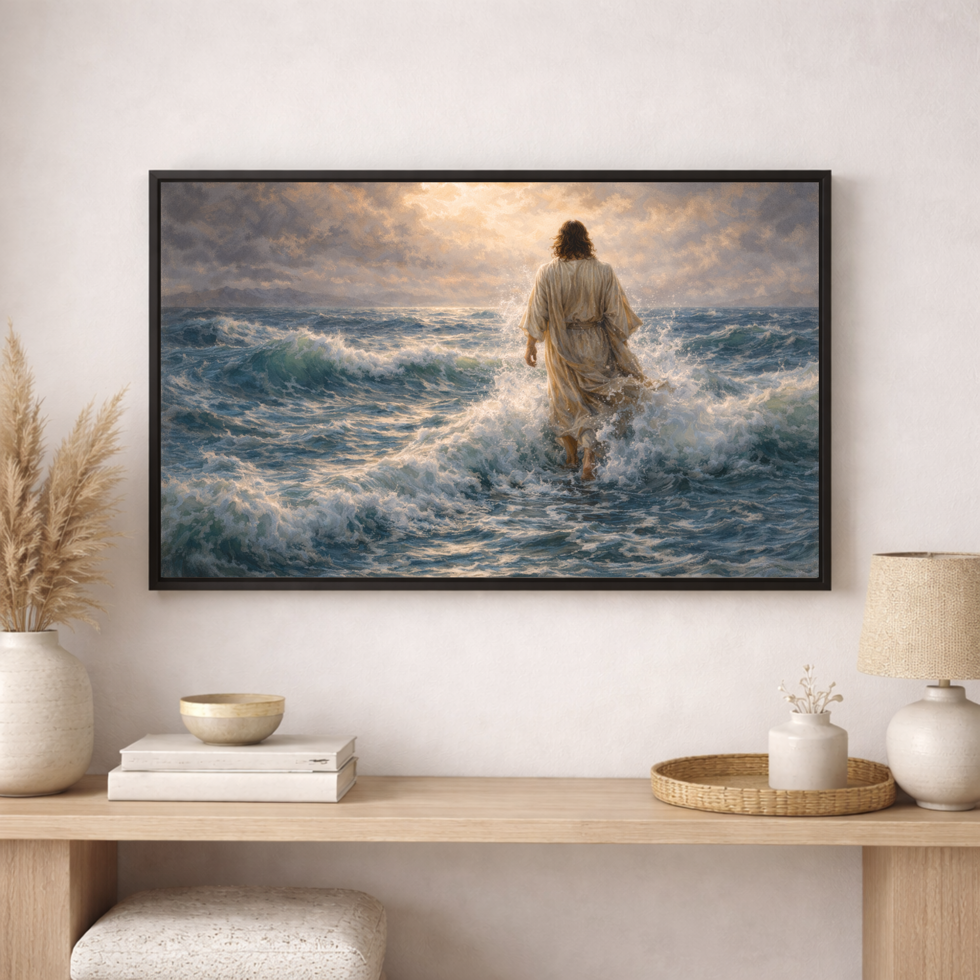 Framed artwork of Jesus walking on water in a living room setting.