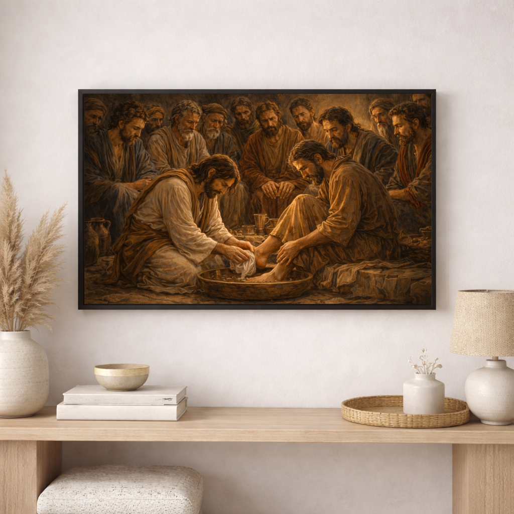 Framed artwork of a religious scene on a wall above a wooden console table.