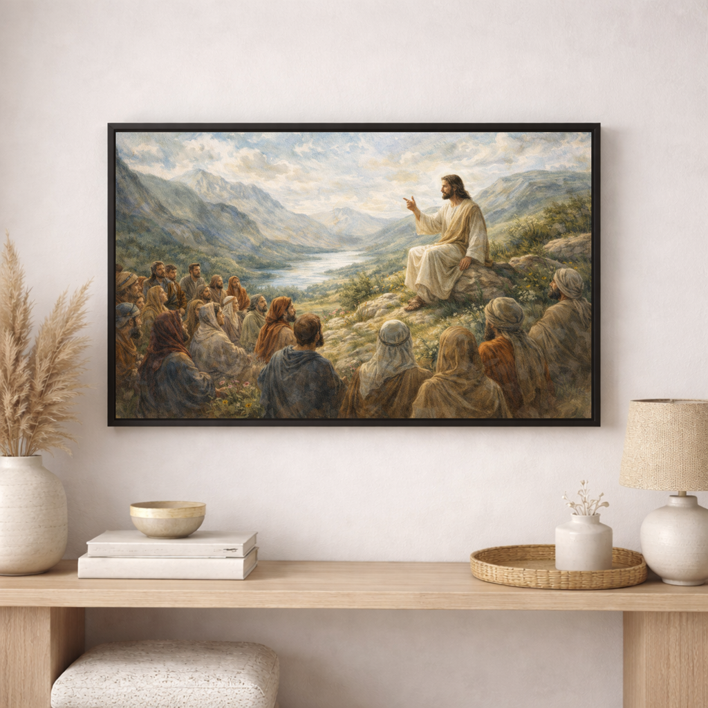 Framed artwork of a religious scene with a mountainous landscape, displayed on a wall above a wooden console table.