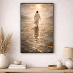Framed artwork of a person walking on water in a home setting with decor items.