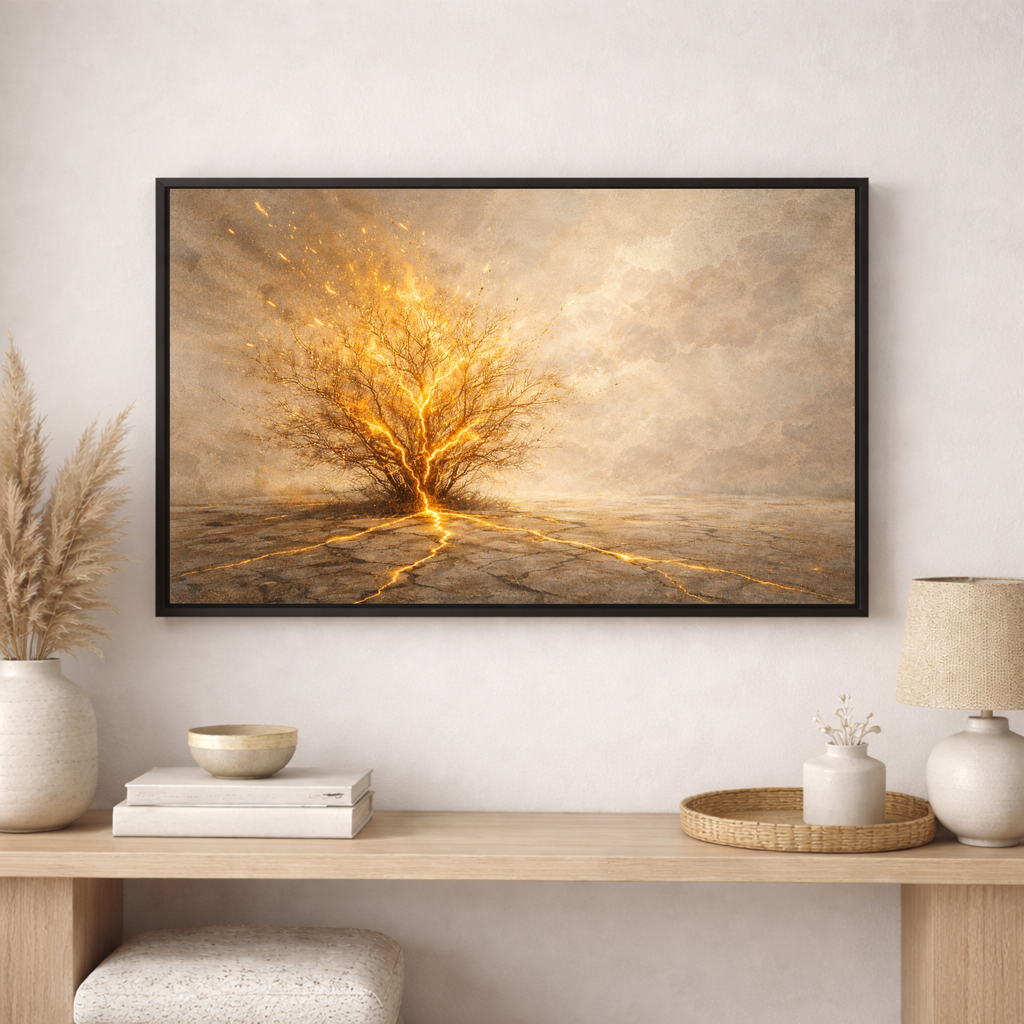 Framed artwork of a tree with glowing roots on a wall above a wooden console table.