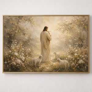 Jesus with Lambs in Blooming Garden | Christian Wall Art