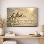 Framed artwork with birds and floral design on a wall above a wooden console table.