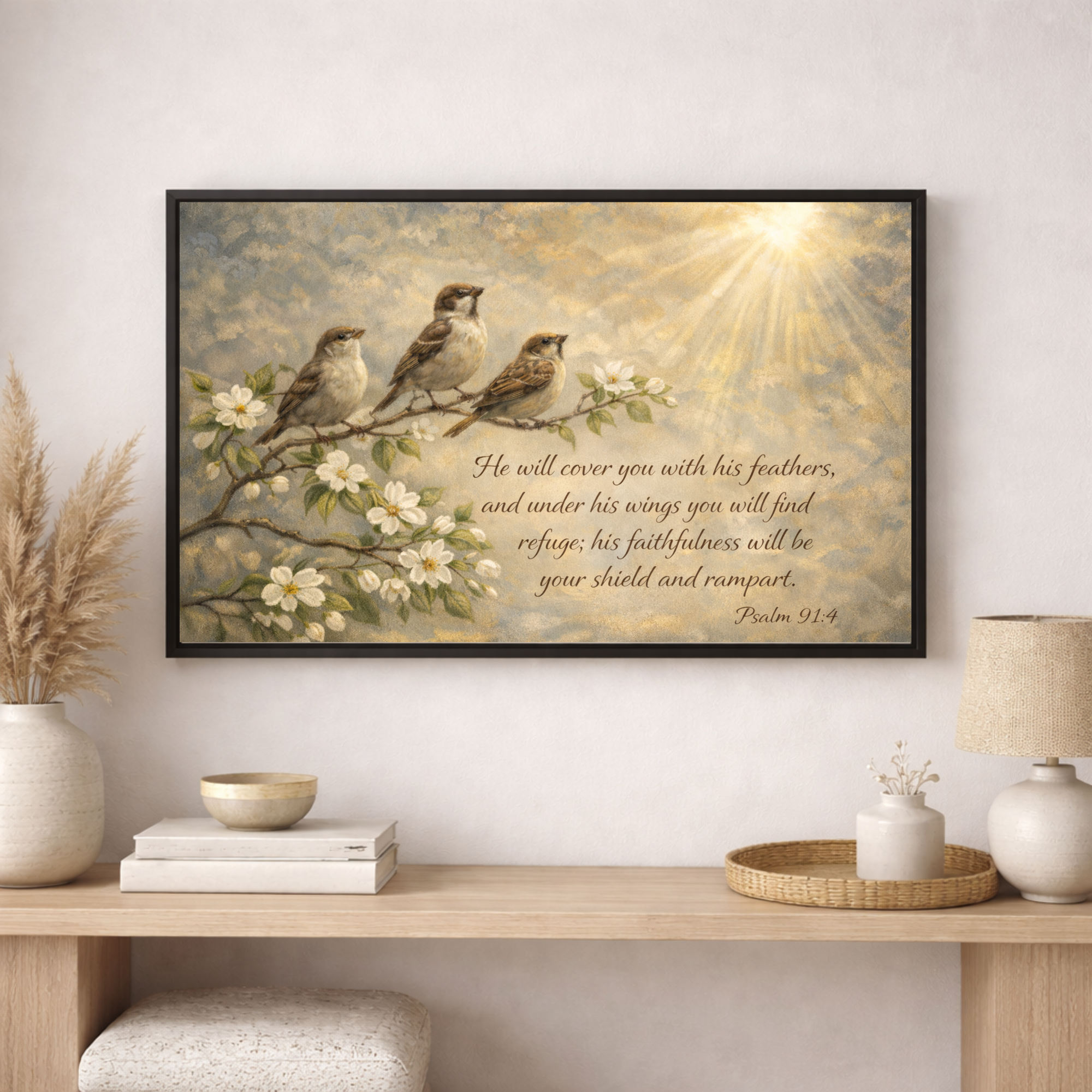 Framed artwork with birds and floral design on a wall above a wooden console table.
