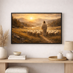 Framed artwork of a shepherd with sheep in a scenic landscape, displayed on a wall above a wooden console table.