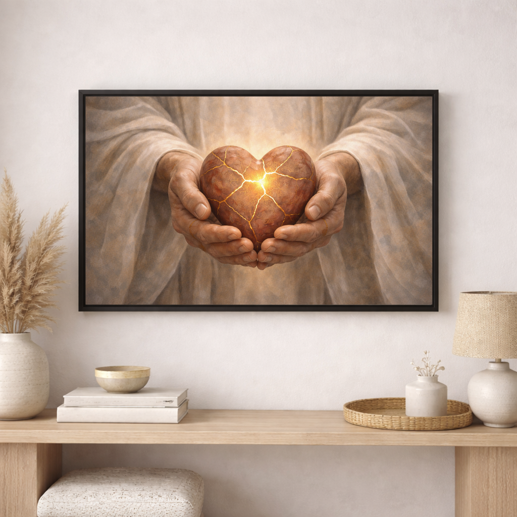 Framed artwork of hands holding a glowing heart on a wall above a wooden shelf with decor items.