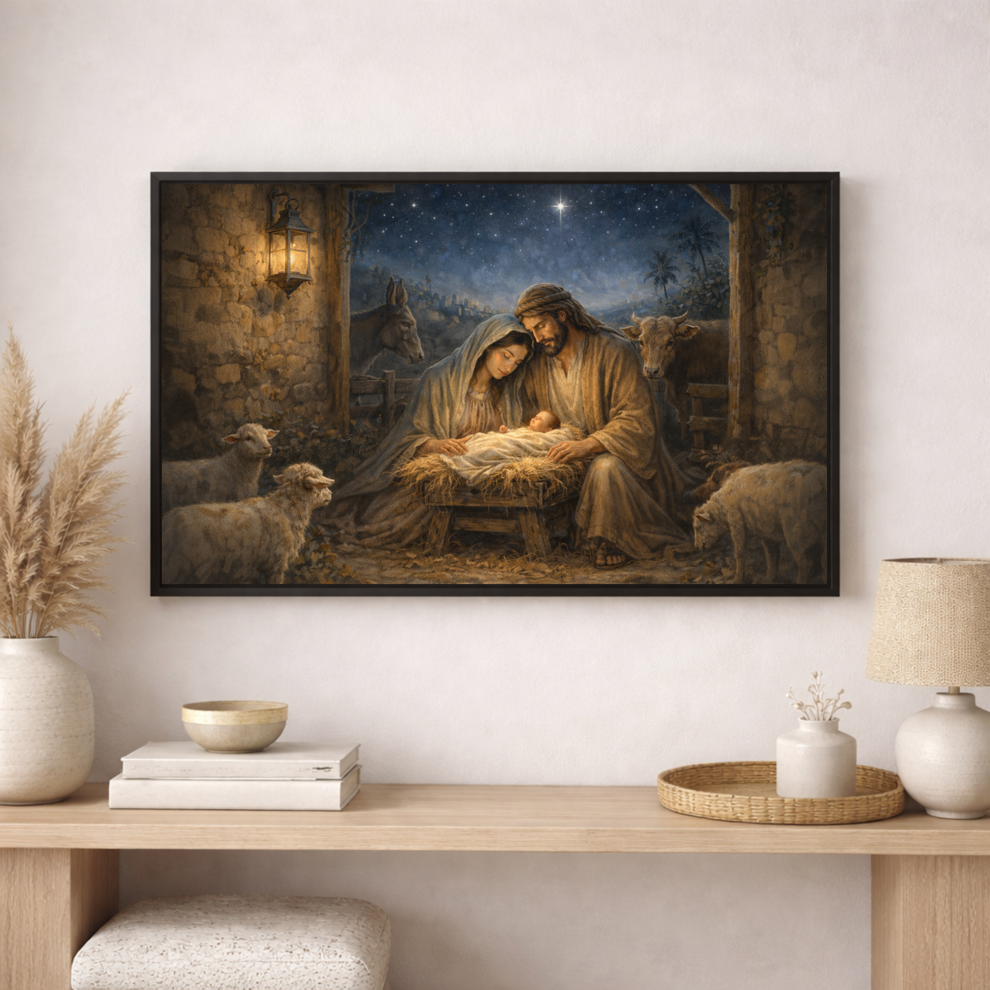 Framed artwork of a nativity scene on a wall above a wooden console table.