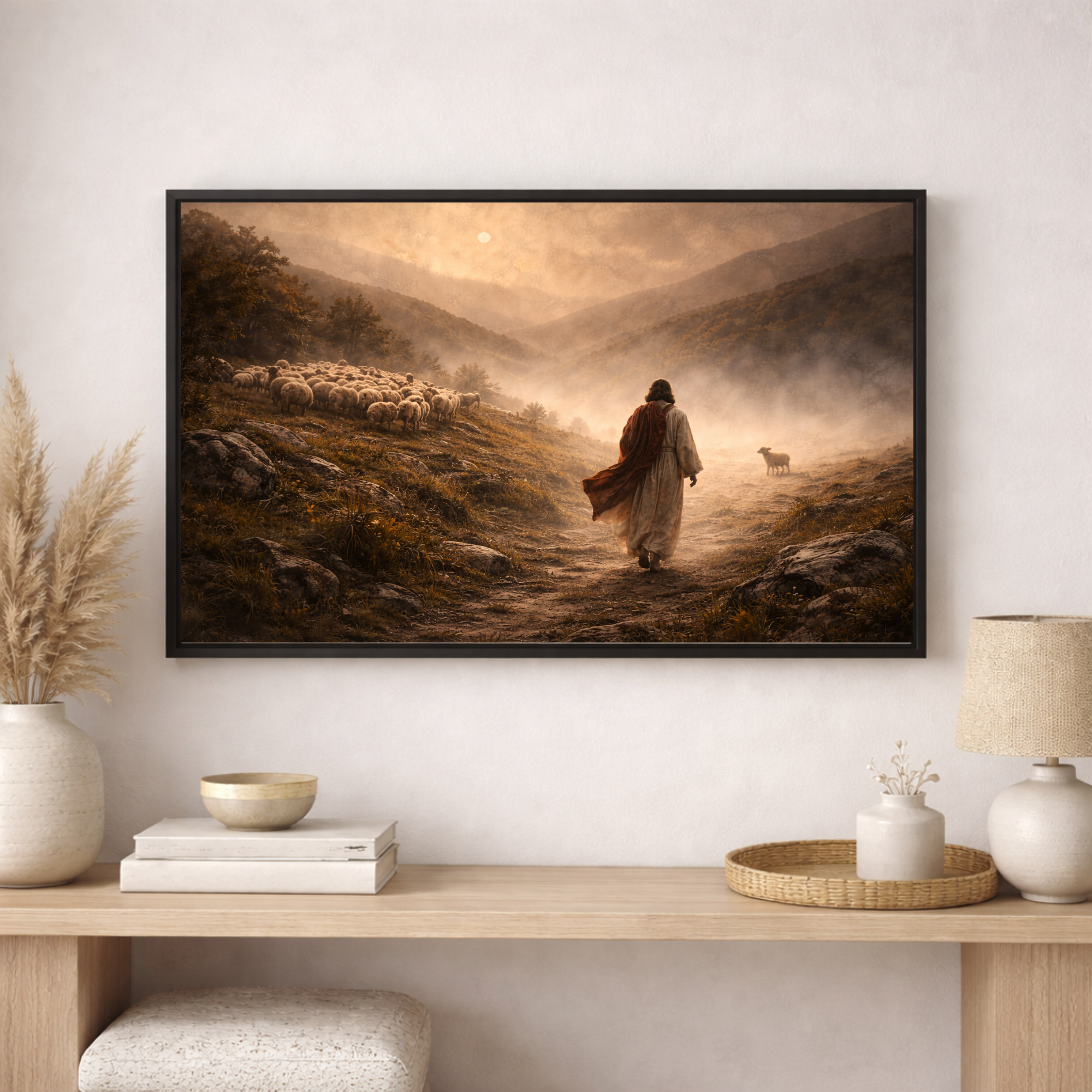 Framed artwork of a shepherd walking with sheep in a misty landscape, displayed on a wall above a wooden console table.