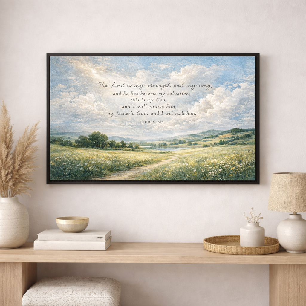 Framed landscape print with a scenic view and text on a wall above a wooden console table.