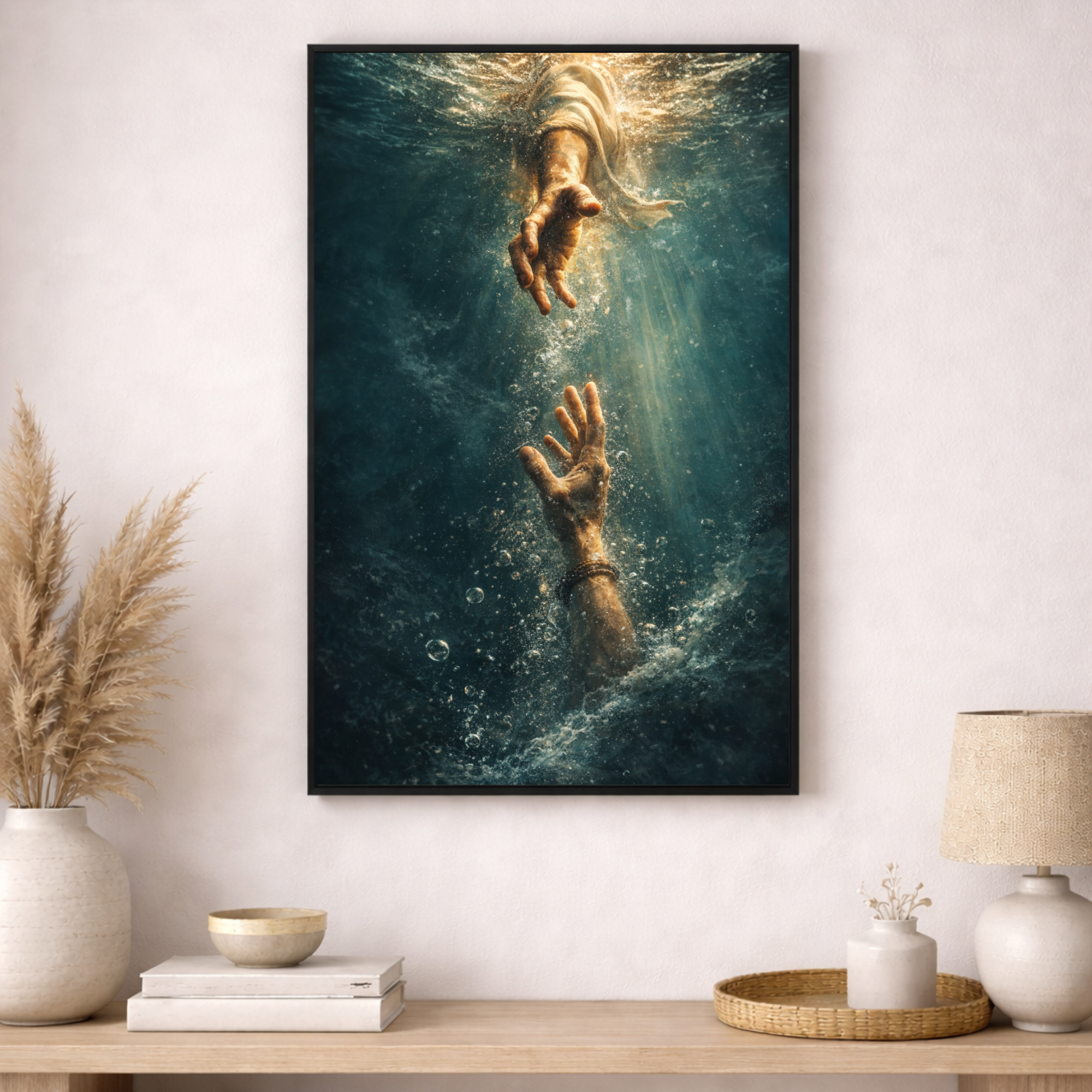 Framed artwork of a person underwater with another hand reaching out, displayed on a wall above a wooden shelf.