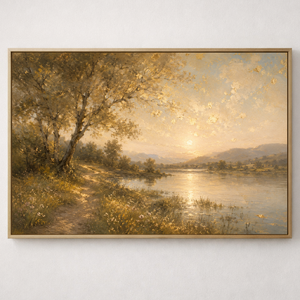 Golden Riverbank Path | Antique Gold Landscape Canvas Wall Art