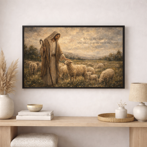 Framed artwork of a shepherd with sheep on a wall above a wooden console table.