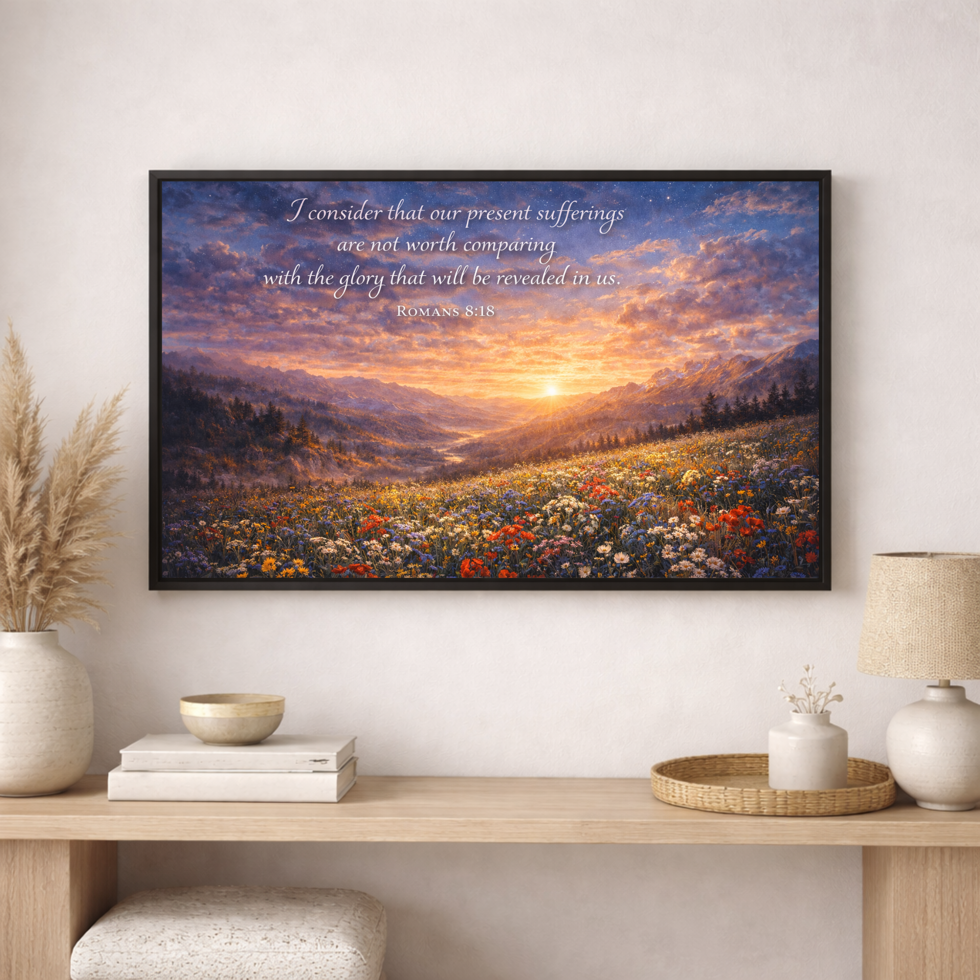 Framed artwork with a sunset over a field of flowers and inspirational quote on a wall above a wooden console table.