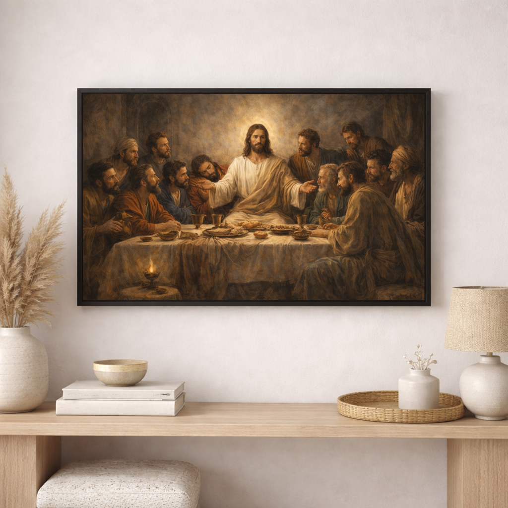 Framed artwork of 'The Last Supper' on a wall above a wooden console table.