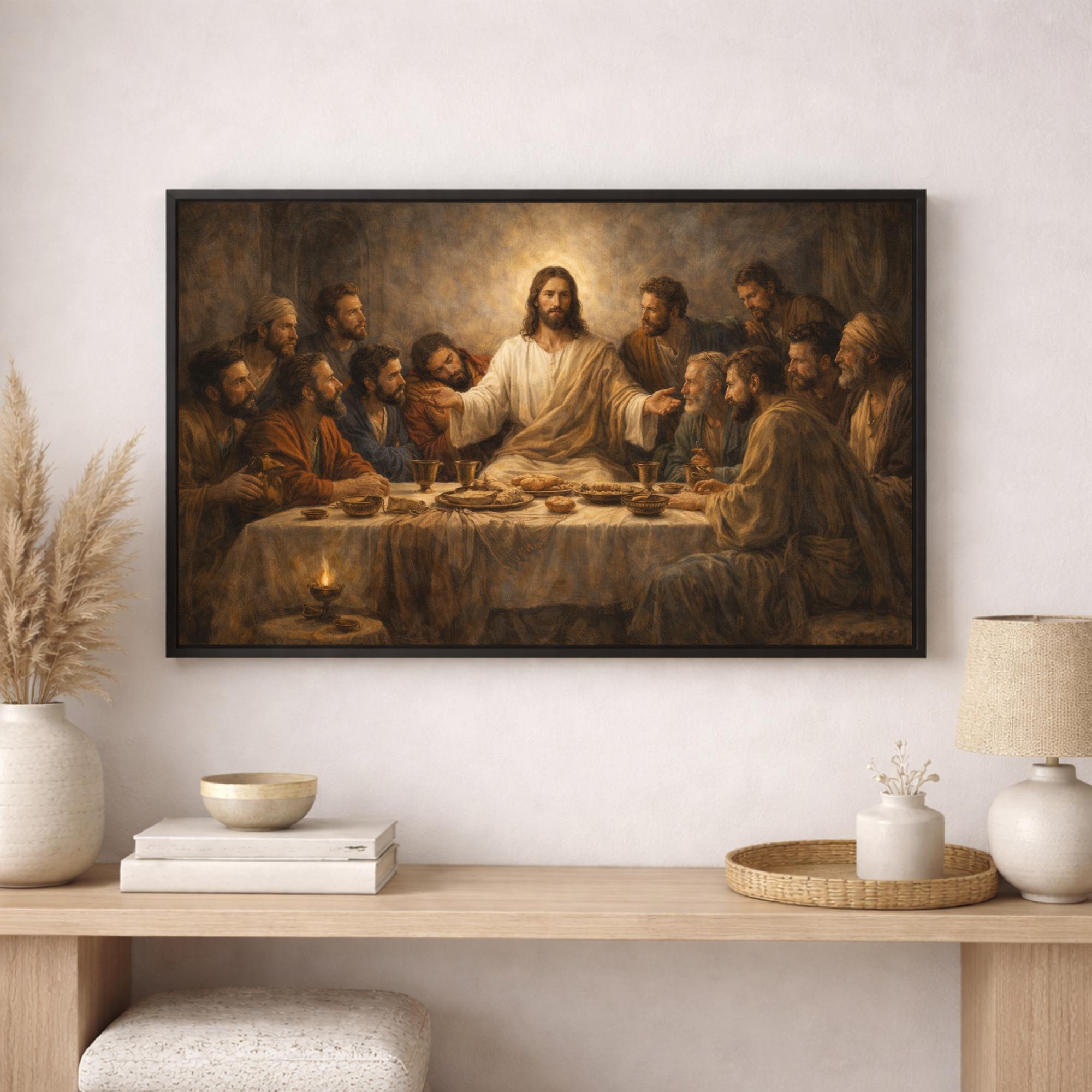 Framed artwork of 'The Last Supper' on a wall above a wooden console table.