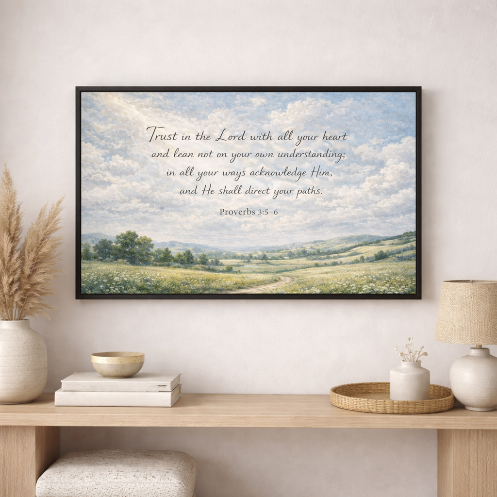 Framed artwork with a landscape scene and Proverbs 3:5-6 text on a wall above a wooden console table.