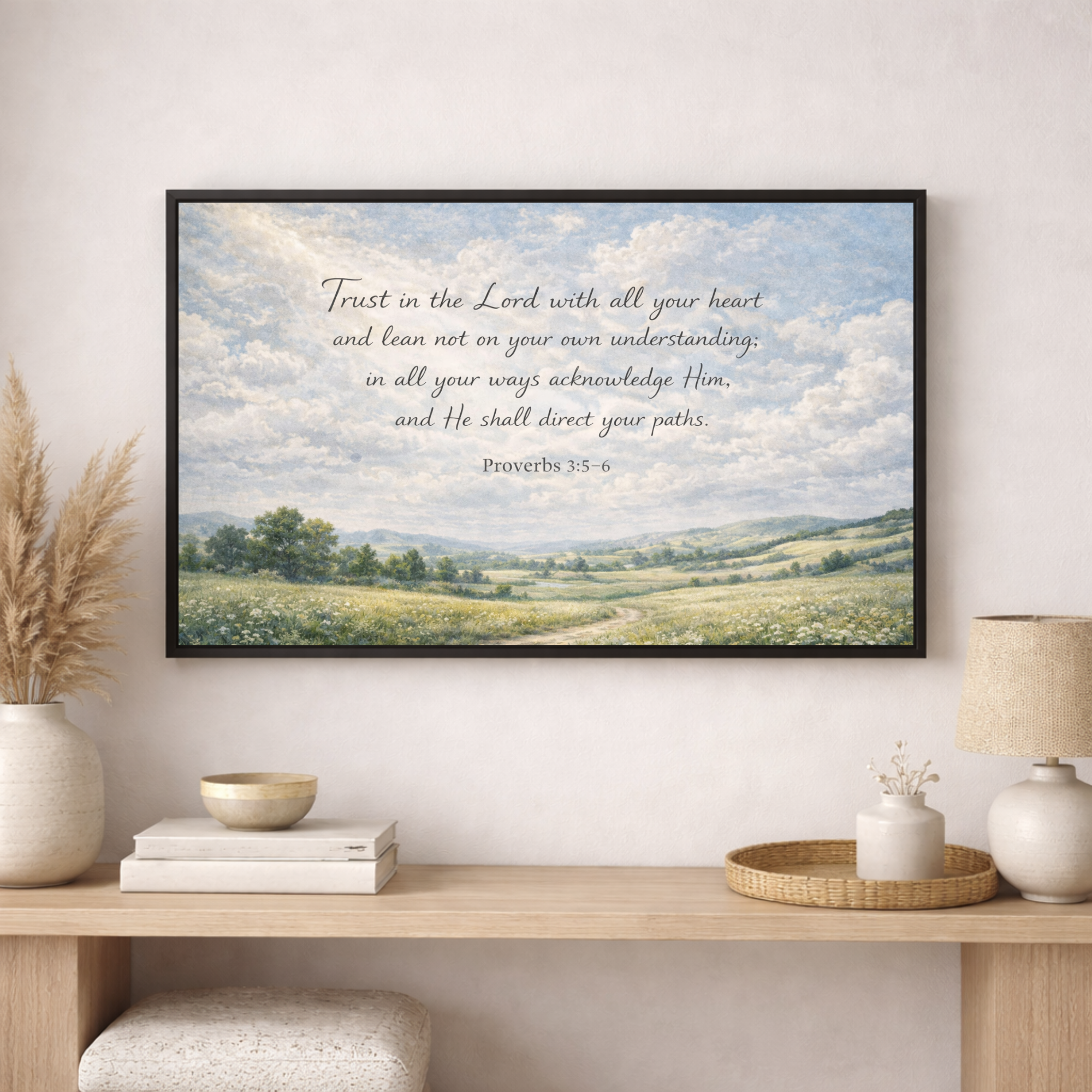 Framed artwork with a landscape scene and Proverbs 3:5-6 text on a wall above a wooden console table.