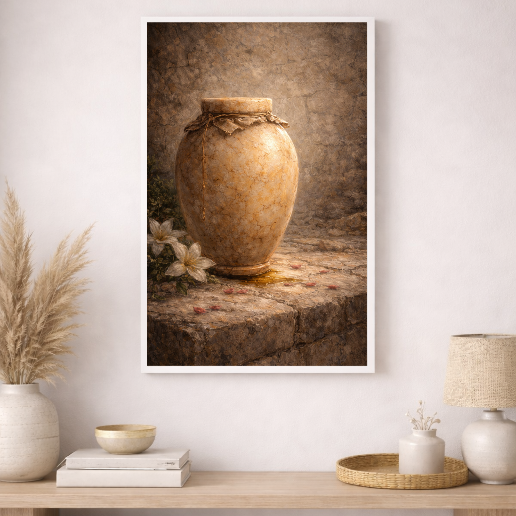Framed artwork of a vase on a stone surface with decorative items on a table below.