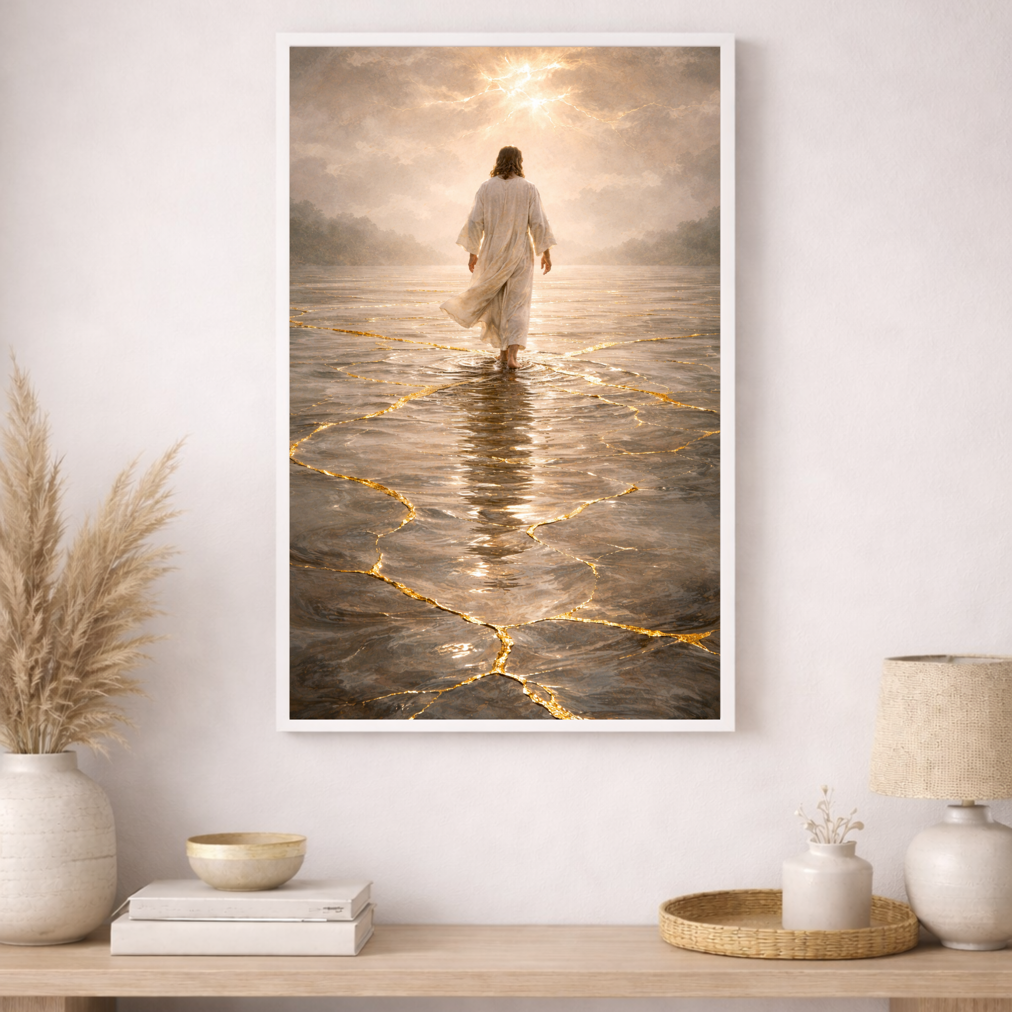 Framed artwork of a person walking on water in a home setting with decor items.