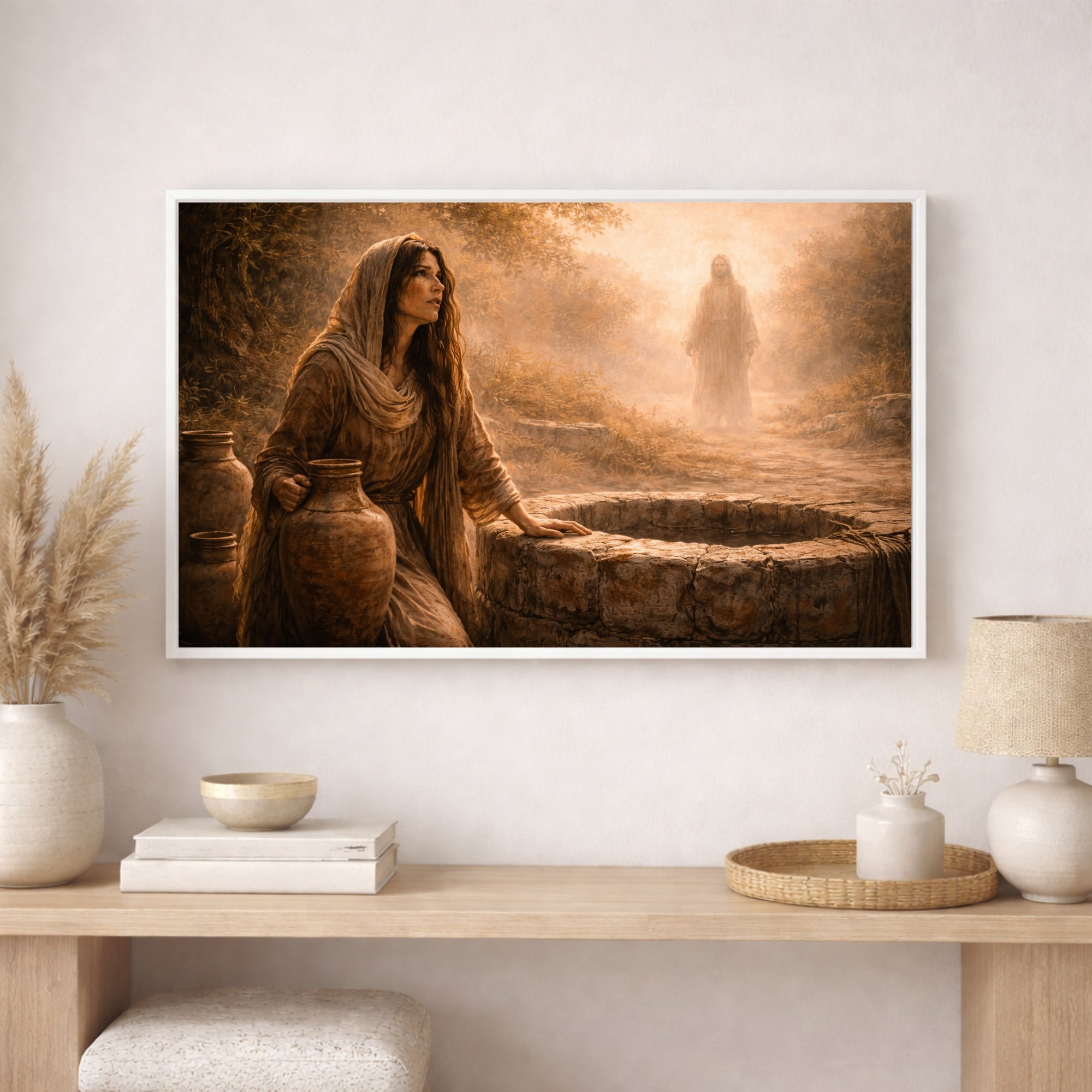 Framed artwork of a woman sitting by a well on a wall above a wooden shelf with decorative items.