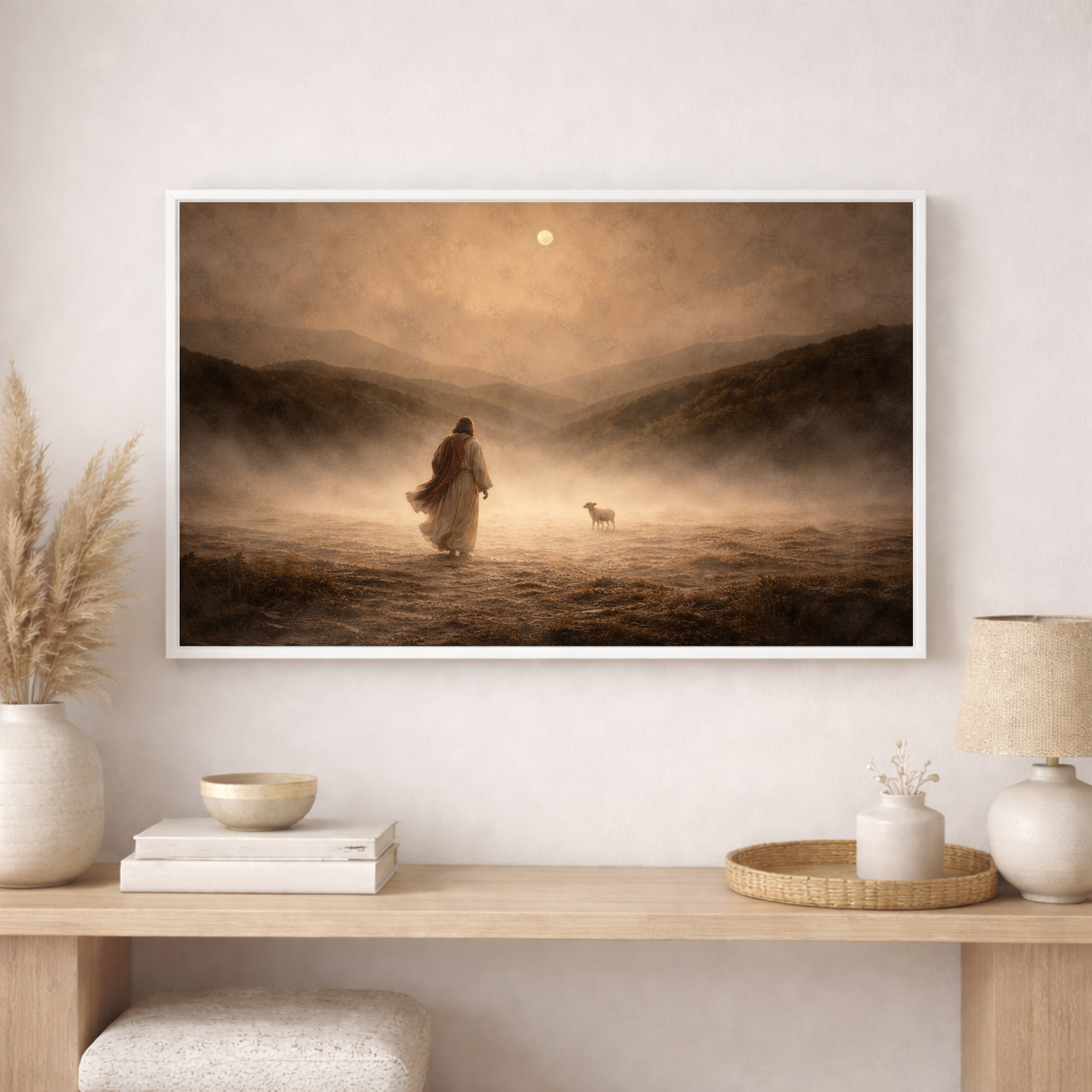 Framed artwork of a person walking with a dog in a misty landscape on a wall above a wooden shelf.