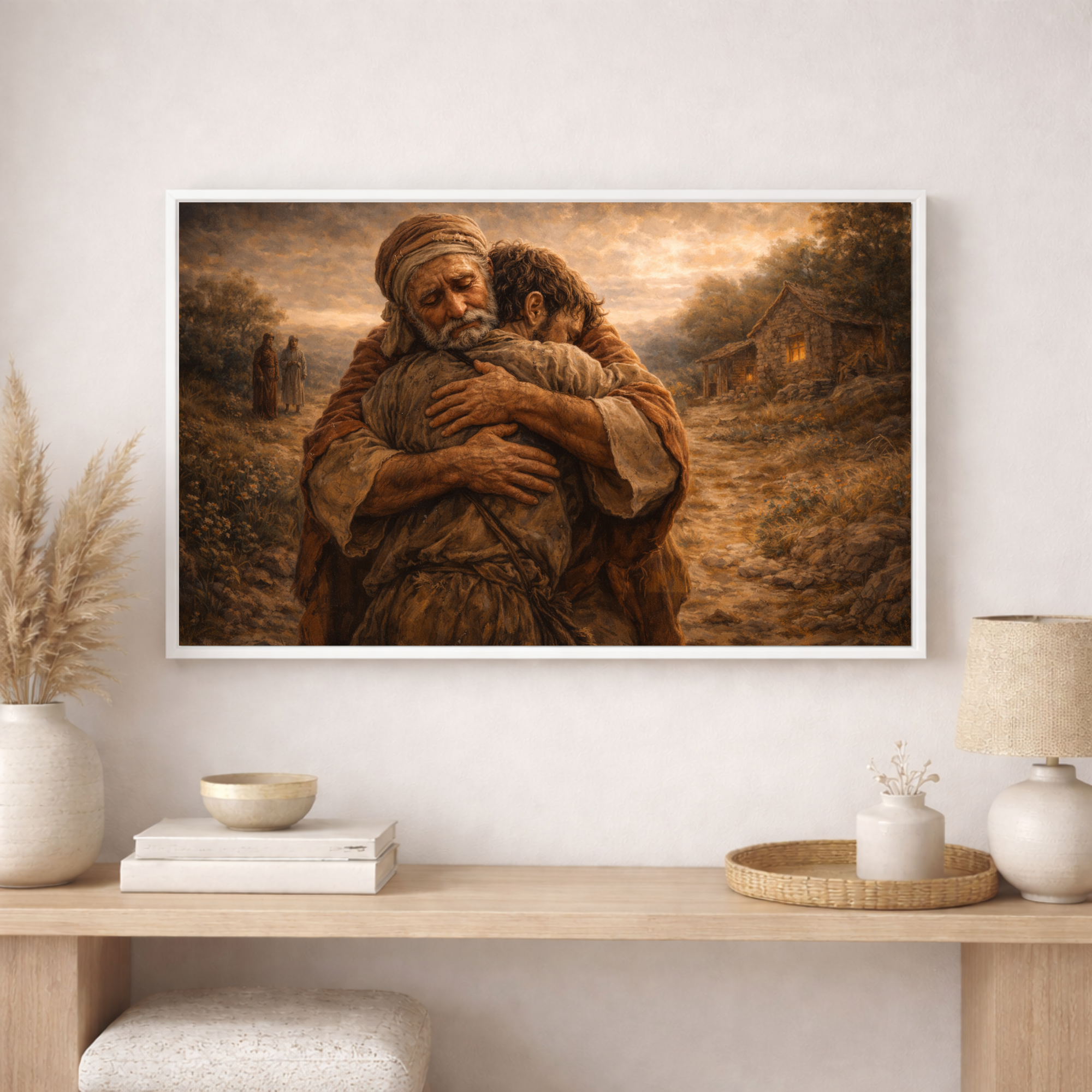 Framed artwork of two figures embracing in a rustic setting above a wooden shelf with decorative items.