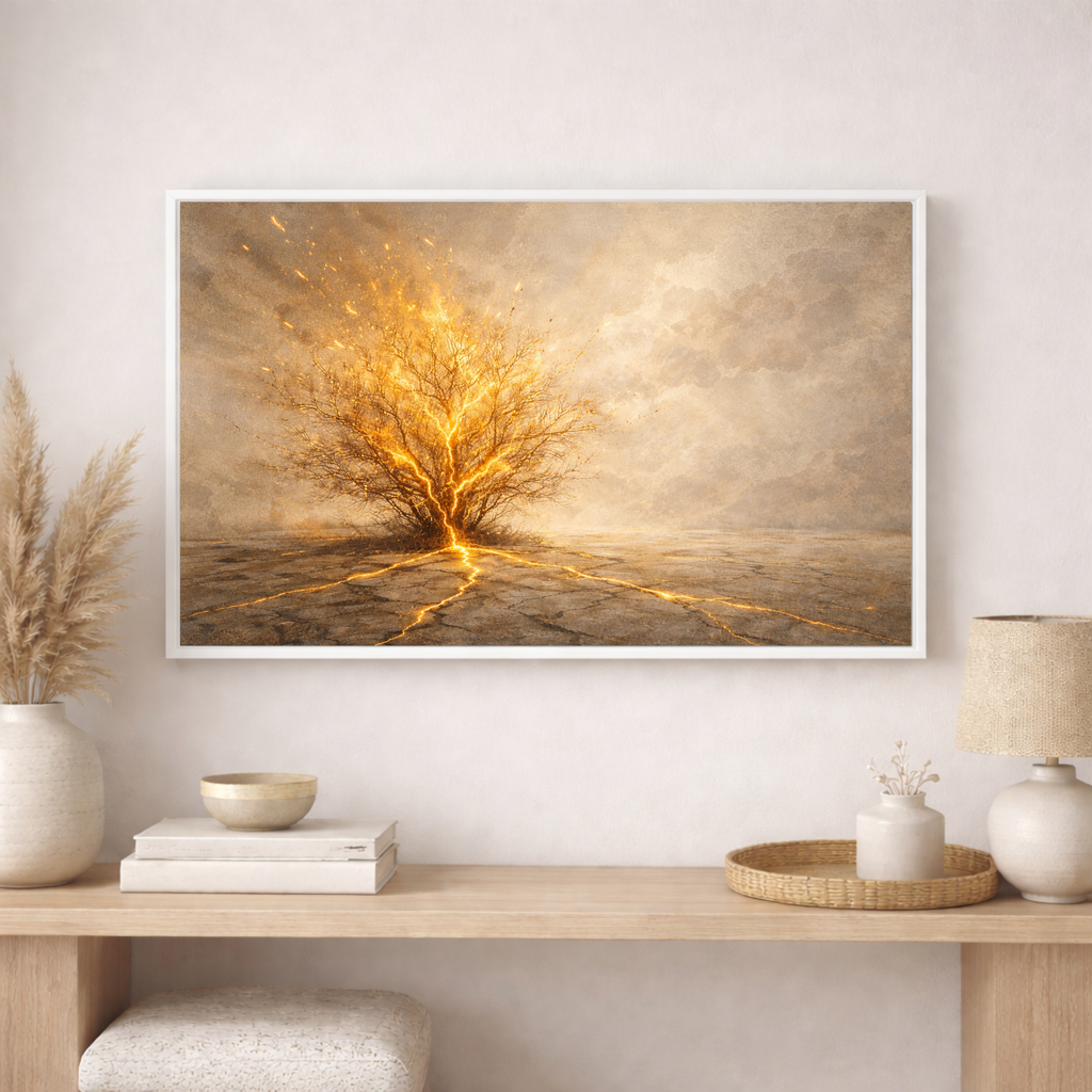 Framed artwork of a tree with glowing roots on a wall above a wooden shelf.