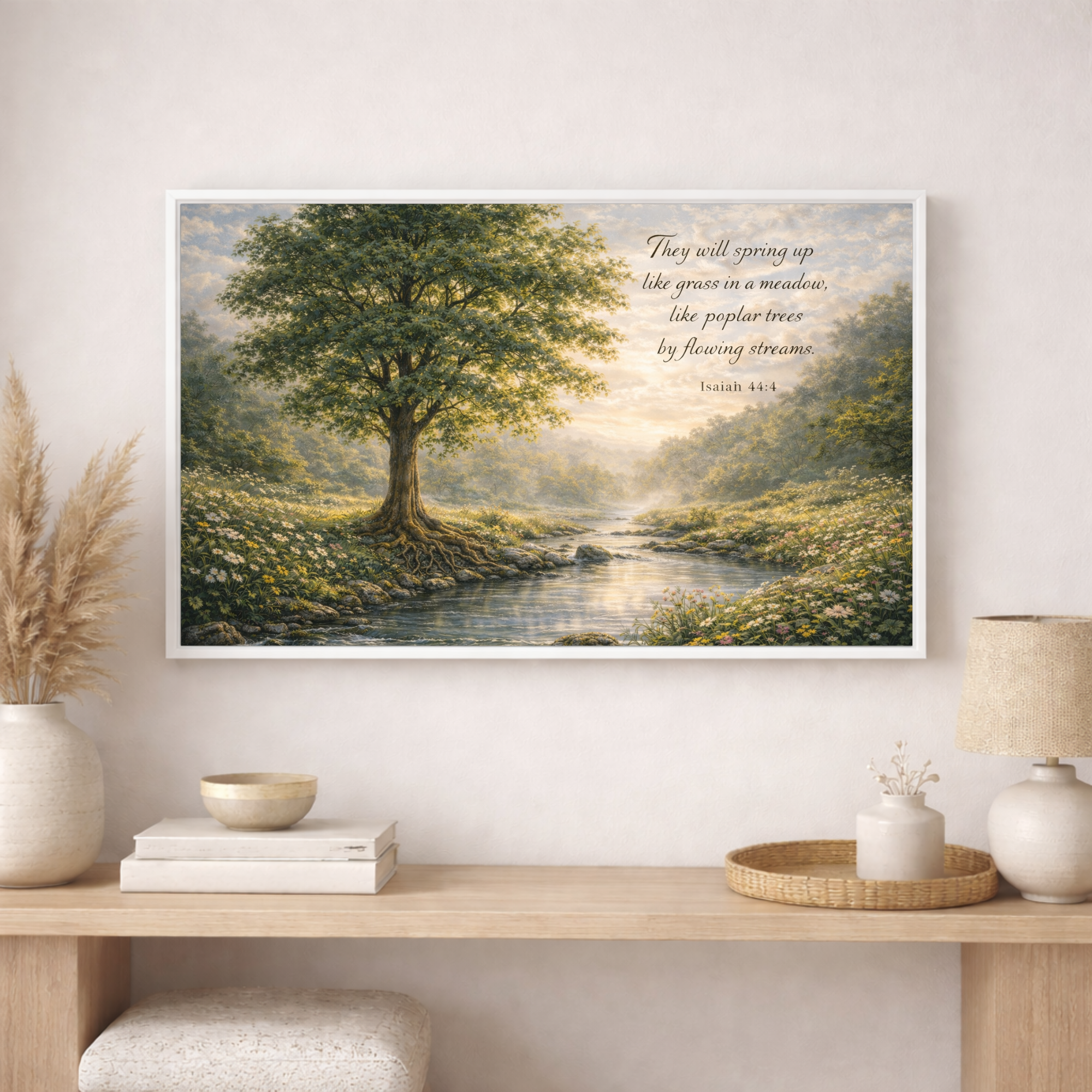 Framed artwork of a tree with a quote on a wall above a wooden console table.