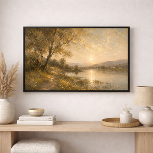 Golden Riverbank Path | Antique Gold Landscape Canvas Wall Art