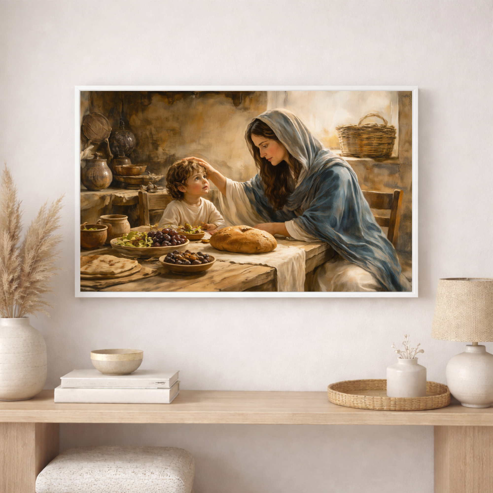 Framed artwork of Mary and child at a table with food on a wall above a wooden shelf.