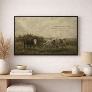 Psalm 4:8 Pastoral Cow Painting | Moody Christian Farmhouse Wall Art